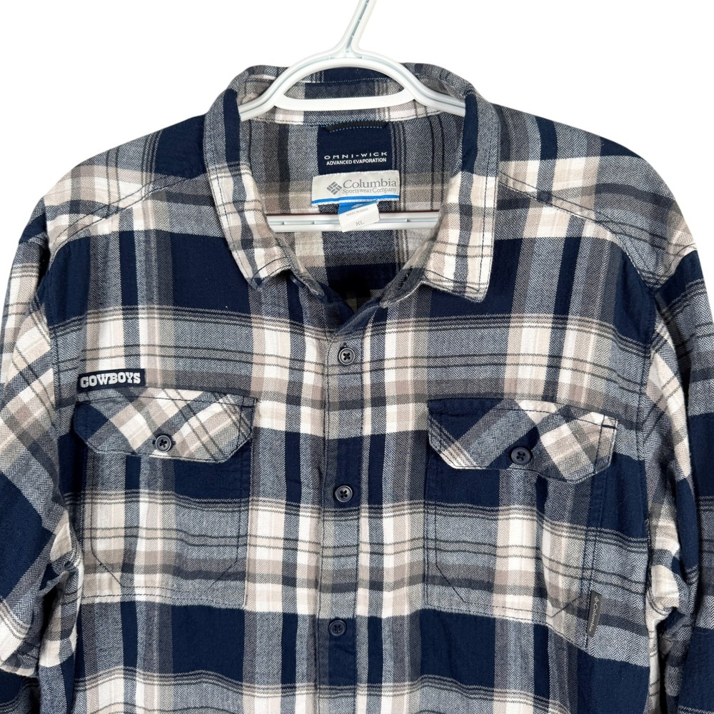 Columbia Dallas Cowboys Flannel Shirt Mens XL Blue Plaid Button Up Long Sleeve
